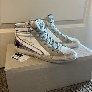 Golden goose purple and glitter slides